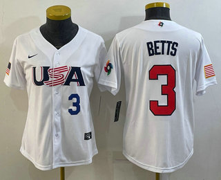 Womens USA Baseball #3 Mookie Betts Number 2023 White World Classic Replica Stitched Jersey - Click Image to Close