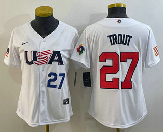 Women's USA Baseball #27 Mike Trout Number 2023 White World Classic Replica Stitched Jersey - Click Image to Close