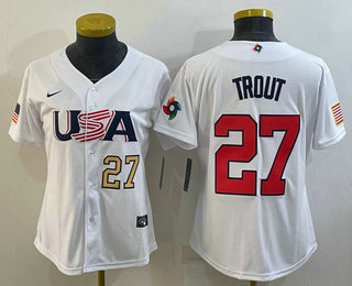 Women's USA Baseball #27 Mike Trout Number 2023 White World Classic Replica Stitched Jerseys - Click Image to Close