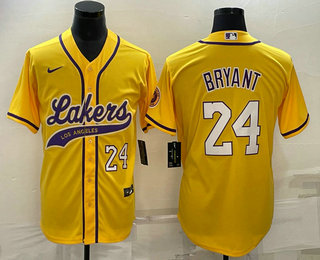 Men's Los Angeles Lakers #24 Kobe Bryant Number Yellow With Patch Cool Base Stitched Baseball Jersey - Click Image to Close