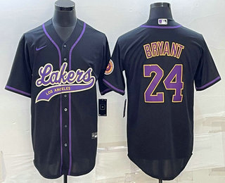 Men's Los Angeles Lakers #24 Kobe Bryant Black With Patch Cool Base Stitched Baseball Jersey - Click Image to Close