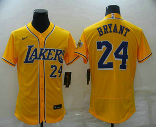 Men's Los Angeles Lakers #24 Kobe Bryant Number Yellow Cool Base Stitched Baseball Jersey - Click Image to Close