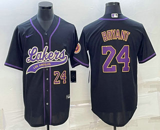 Men's Los Angeles Lakers #24 Kobe Bryant Number Black With Patch Cool Base Stitched Baseball Jersey - Click Image to Close
