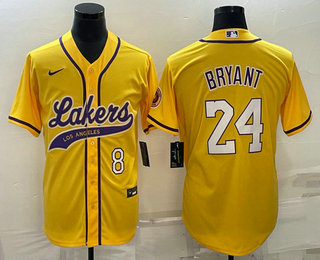 Men's Los Angeles Lakers #8 #24 Kobe Bryant Yellow With Patch Cool Base Stitched Baseball Jersey