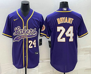 Men's Los Angeles Lakers #24 Kobe Bryant Number Purple With Patch Cool Base Stitched Baseball Jersey
