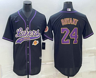 Men's Los Angeles Lakers #24 Kobe Bryant Black With Patch Cool Base Stitched Baseball Jerseys