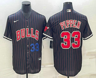 Men's Chicago Bulls #33 Scottie Pippen Number Black With Patch Cool Base Stitched Baseball Jersey - Click Image to Close