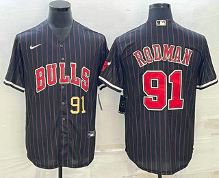 Men's Chicago Bulls #91 Dennis Rodman Number Black With Patch Cool Base Stitched Baseball Jersey - Click Image to Close