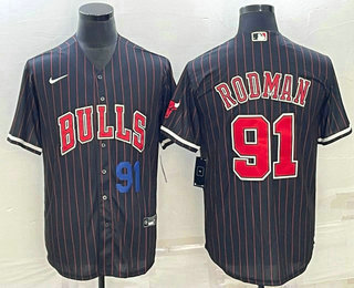 Mens Chicago Bulls #91 Dennis Rodman Number Black With Patch Cool Base Stitched Baseball Jersey