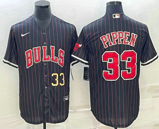 Men's Chicago Bulls #33 Scottie Pippen Number Black With Patch Cool Base Stitched Baseball Jerseys - Click Image to Close