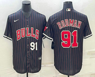 Men's Chicago Bulls #91 Dennis Rodman Number Black With Patch Cool Base Stitched Baseball Jerseys - Click Image to Close