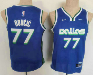 Youth Dallas Mavericks #77 Luka Doncic 2022 Blue City Edition Stitched Jersey With Sponsor - Click Image to Close