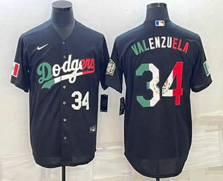 Men's Los Angeles Dodgers #34 Fernando Valenzuela Number Mexico Black Cool Base Stitched Baseball Je