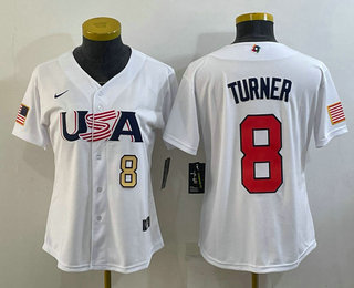 Women's USA Baseball #8 Trea Turner Number 2023 White World Classic Stitched Jersey