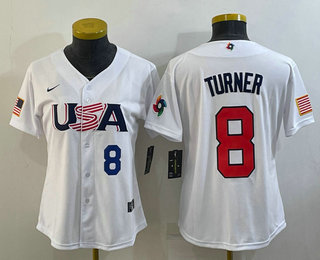 Womens USA Baseball #8 Trea Turner Number 2023 White World Classic Stitched Jersey - Click Image to Close