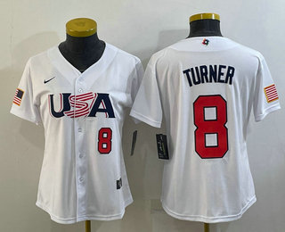 Women's USA Baseball #8 Trea Turner Number 2023 White World Classic Stitched Jerseys - Click Image to Close