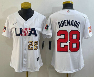 Women's USA Baseball #28 Nolan Arenado Number 2023 White World Classic Replica Stitched Jersey