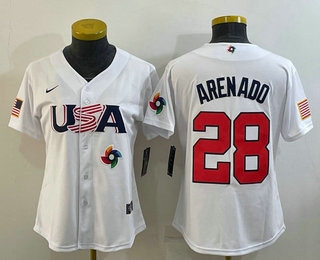 Women's USA Baseball #28 Nolan Arenado 2023 White World Classic Replica Stitched Jersey - Click Image to Close
