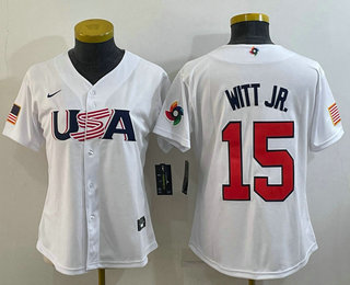 Women's USA Baseball #15 Bobby Witt Jr 2023 White World Classic Replica Stitched Jerseys - Click Image to Close