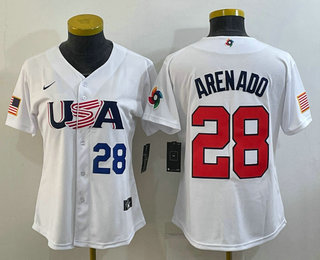 Women's USA Baseball #28 Nolan Arenado Number 2023 White World Classic Replica Stitched Jerseys - Click Image to Close