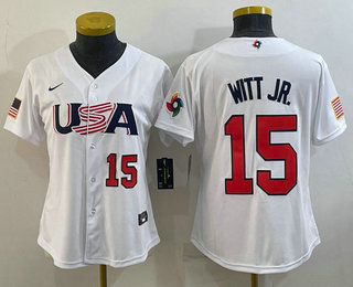 Women's USA Baseball #15 Bobby Witt Jr Number 2023 White World Classic Replica Stitched Jersey - Click Image to Close