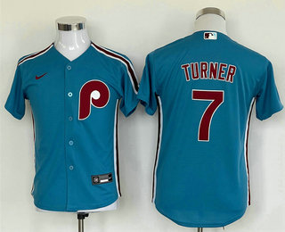 Youth Philadelphia Phillies #7 Trea Turner Blue Stitched MLB Cool Base Nike Jersey - Click Image to Close