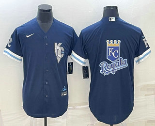 Men's Kansas City Royals Big Logo 2022 Navy Blue City Connect Cool Base Stitched Jersey - Click Image to Close