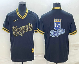 Men's Kansas City Royals Big Logo Black Gold Nike Cooperstown Legend V Neck Jerseys - Click Image to Close