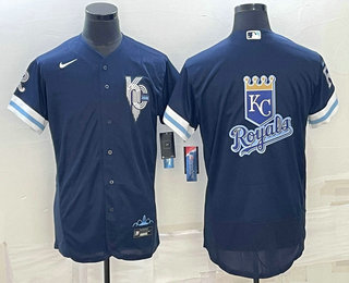 Men's Kansas City Royals Big Logo 2022 Navy Blue City Connect Flex Base Stitched Jersey - Click Image to Close