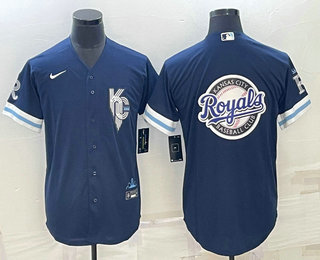 Men's Kansas City Royals Big Logo 2022 Navy Blue City Connect Cool Base Stitched Jerseys - Click Image to Close