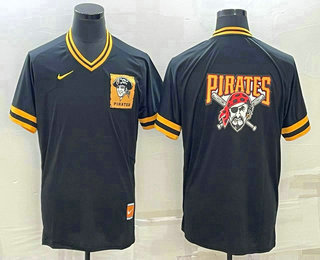 Men's Pittsburgh Pirates Big Logo Black Nike Cooperstown Collection Legend V Neck Jersey - Click Image to Close