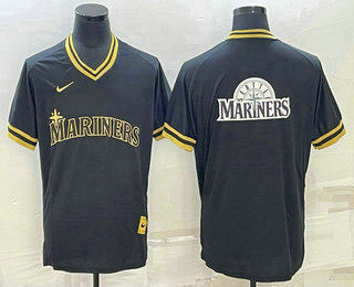 Men's Seattle Mariners Big Logo Black Gold Nike Cooperstown Legend V Neck Jersey - Click Image to Close