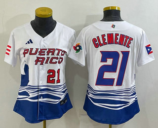 Womens Puerto Rico Baseball #21 Roberto Clemente Number 2023 White World Classic Stitched Jersey - Click Image to Close