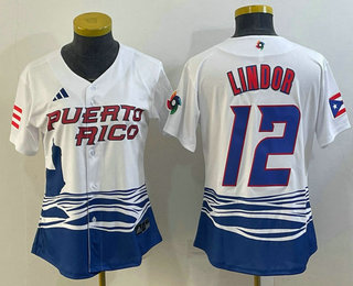 Women's Puerto Rico Baseball #12 Francisco Lindor 2023 White World Classic Stitched Jersey - Click Image to Close