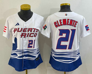 Women's Puerto Rico Baseball #21 Roberto Clemente Number 2023 White World Classic Stitched Jerseys