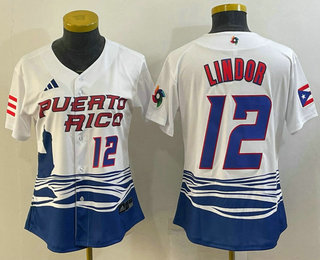 Women's Puerto Rico Baseball #12 Francisco Lindor Number 2023 White World Classic Stitched Jersey
