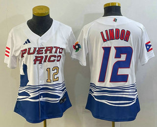 Womens Puerto Rico Baseball #12 Francisco Lindor Number 2023 White World Classic Stitched Jersey - Click Image to Close