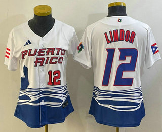 Women's Puerto Rico Baseball #12 Francisco Lindor Number 2023 White World Classic Stitched Jerseys