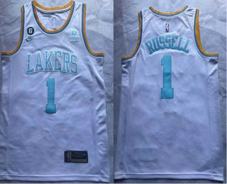 Men's Los Angeles Lakers #1 DAngelo Russell 2023 White Classic Edition With 6 Patch Stitched Basketb - Click Image to Close