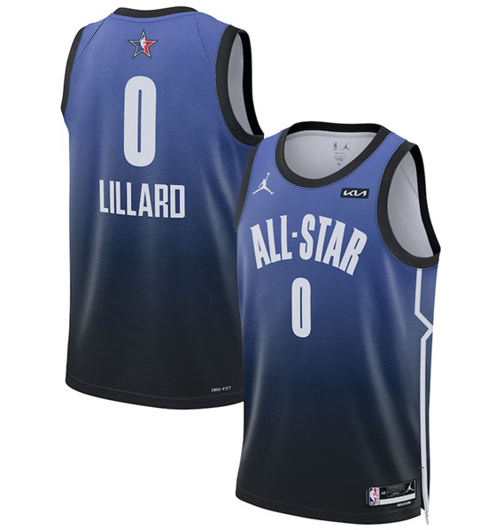 Men's 2023 All-Star #0 Damian Lillard Blue Game Swingman Stitched Basketball Jersey - Click Image to Close