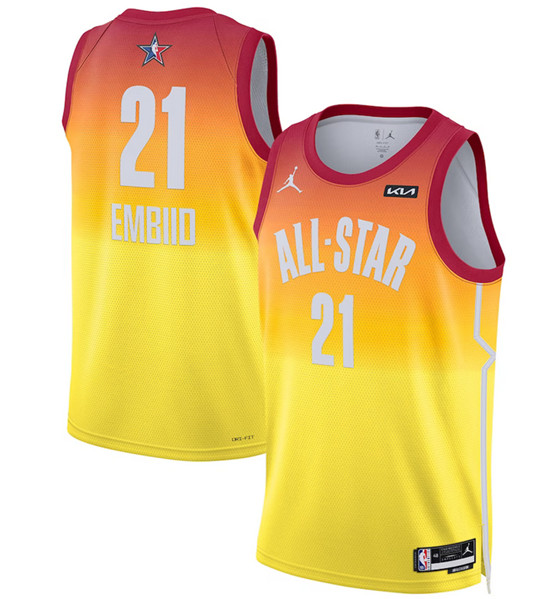 Men's 2023 All-Star #21 Joel Embiid Orange Game Swingman Stitched Basketball Jersey - Click Image to Close