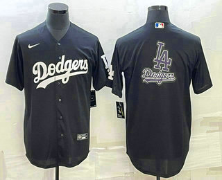 Men's Los Angeles Dodgers Black Team Big Logo Cool Base Stitched Baseball Jersey2 - Click Image to Close