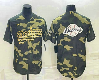 Men's Los Angeles Dodgers Olive Team Big Logo Cool Base Stitched Baseball Jersey1
