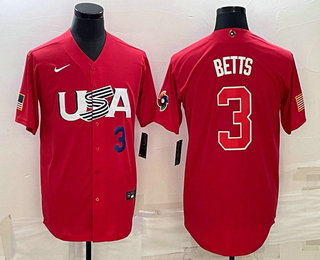 Men's USA Baseball #3 Mookie Betts Number 2023 Red World Classic Stitched Jersey1