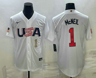 Mens USA Baseball #1 Jeff McNeil Number 2023 White World Classic Stitched Jersey - Click Image to Close