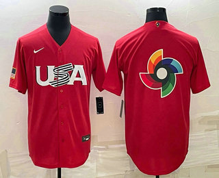Men's USA Baseball 2023 Red World Big Logo With Patch Classic Stitched Jersey - Click Image to Close