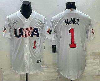 Men's USA Baseball #1 Jeff McNeil Number 2023 White World Classic Stitched Jersey - Click Image to Close
