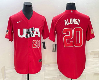 Mens USA Baseball #20 Pete Alonso Number 2023 Red World Classic Stitched Jersey - Click Image to Close