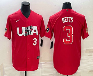 Men's USA Baseball #3 Mookie Betts Number 2023 Red World Classic Stitched Jerseys