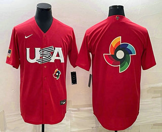 Men's USA Baseball 2023 Red World Big Logo With Patch Classic Stitched Jerseys - Click Image to Close